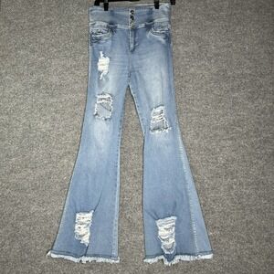 Chnt Juniors High Waist Distressed Flared Jeans Size 14 Bohemian‎